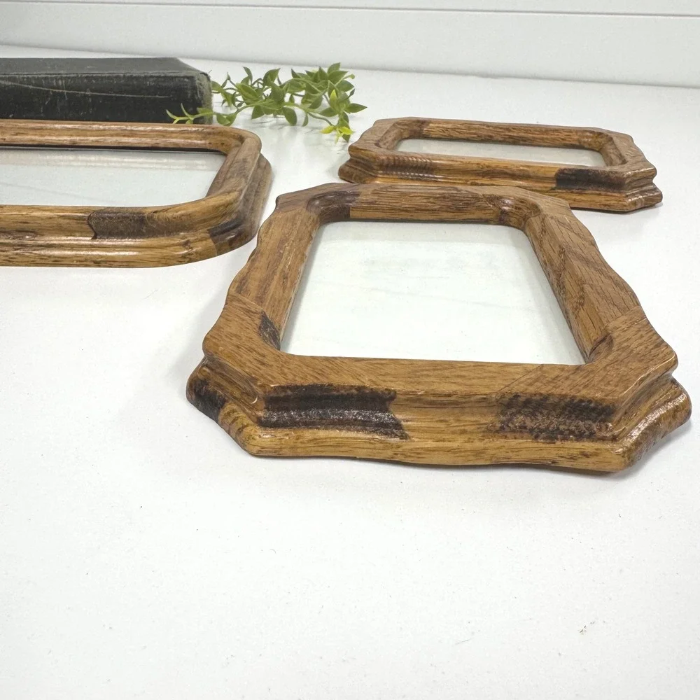 Vintage Solid Oak Wood Picture Frame Set of 3 Scalloped Rounded Rustic Brown